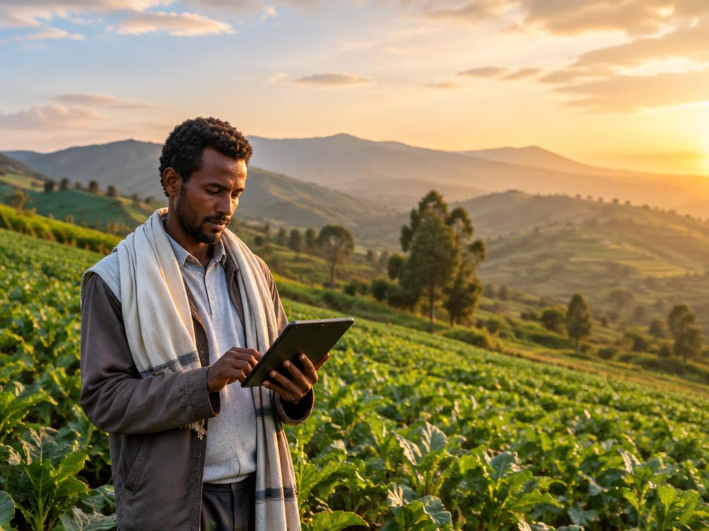 Farmer using a tablet in a green highland crop field at sunset