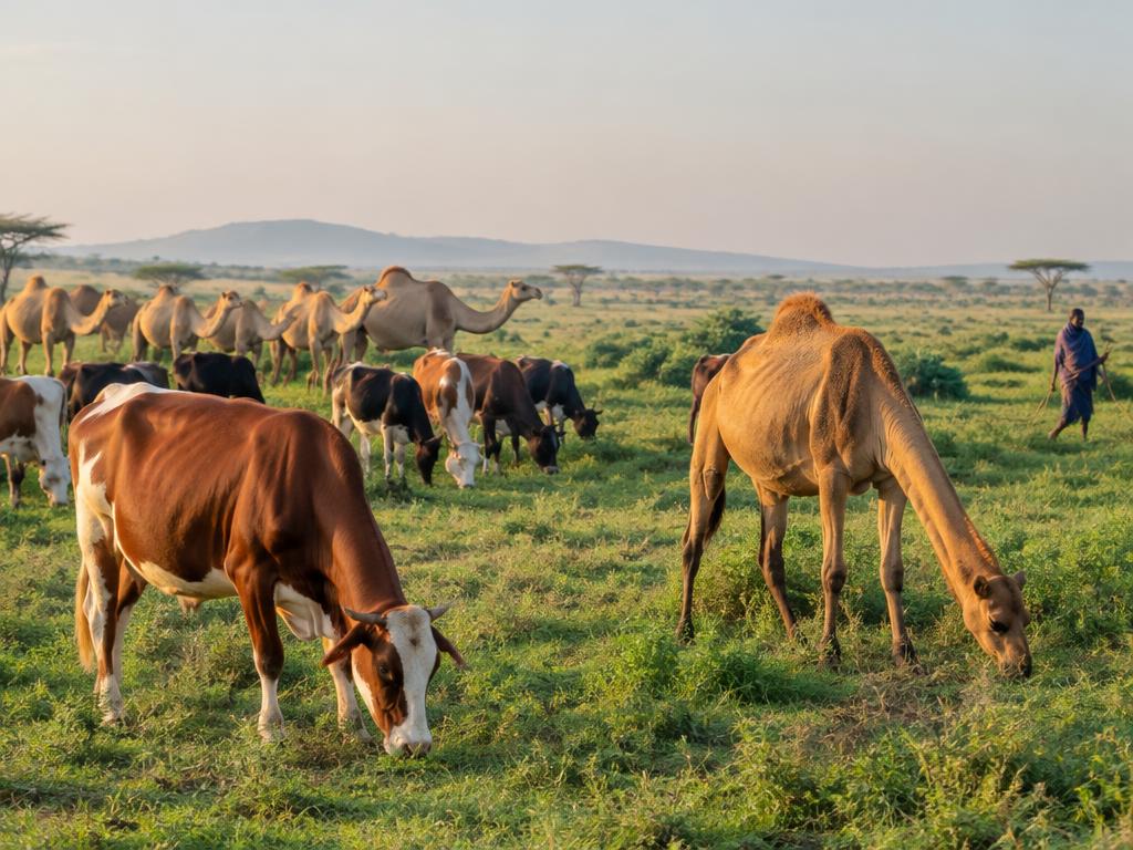 Cattle and camels grazing on open pastureland