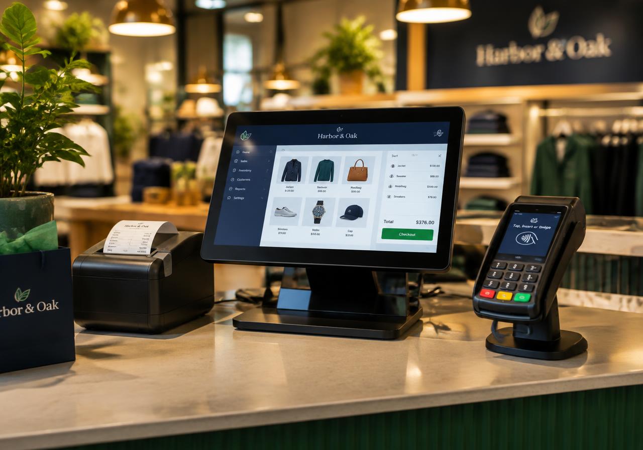 Touchscreen point-of-sale terminal with card reader and receipt printer on a shop counter